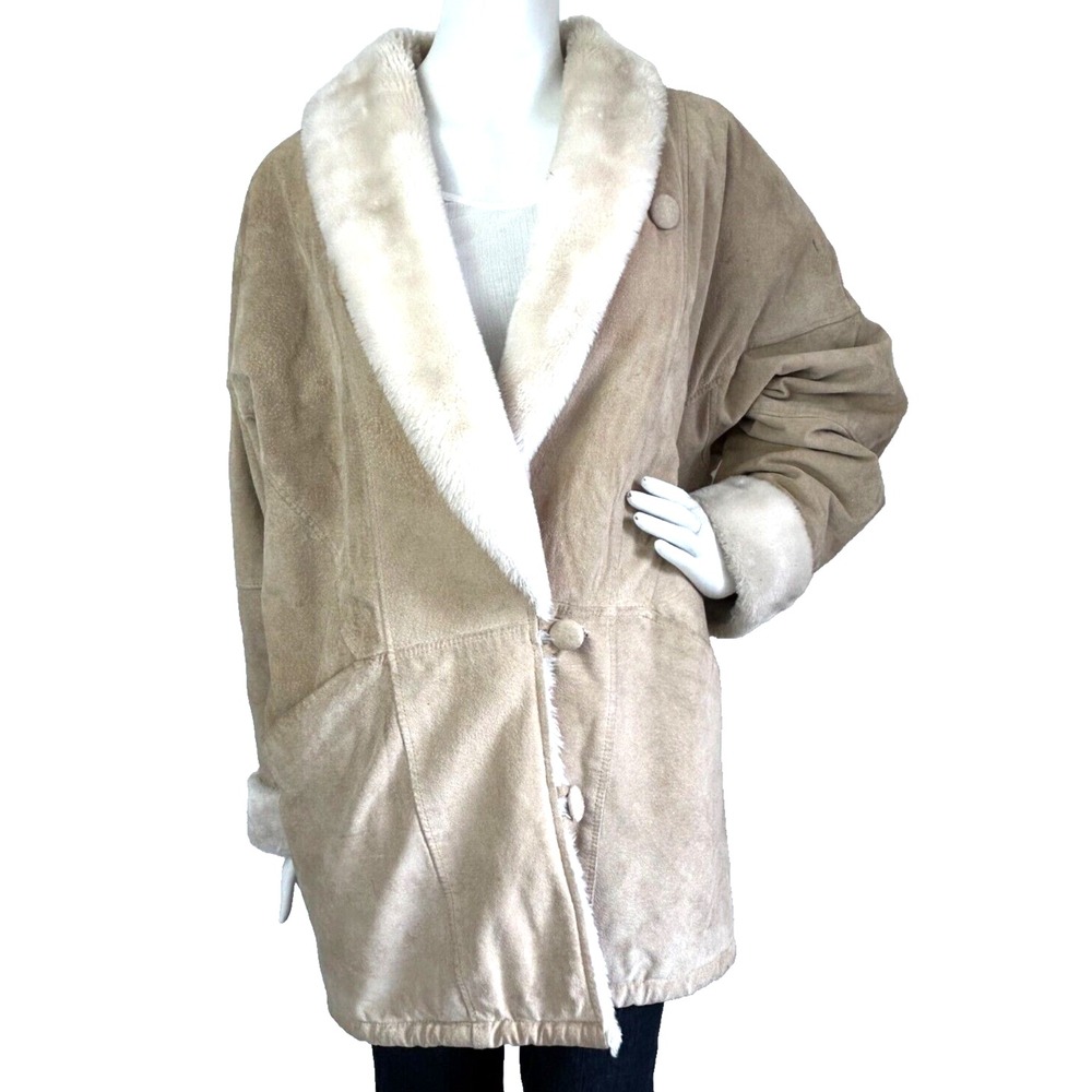 Vintage Fitz Wright Leather Suede Faux Shearling Coat Shawl Collar Size Large - Picture 8 of 16